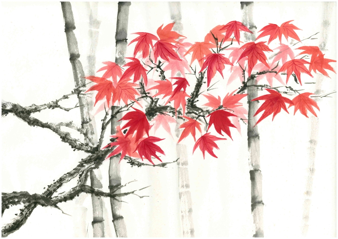 Painting of Bamboo and Momiji by Sumi artist Nora Hamucska